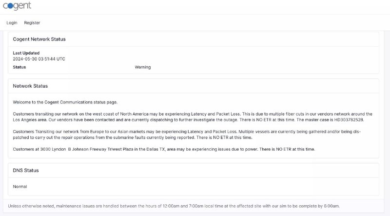 Cogent 遭遇了重大光纤中断，此中断事件主要影响北美西海岸的网络，特别是洛杉矶地区，造成了延迟和数据包丢失
